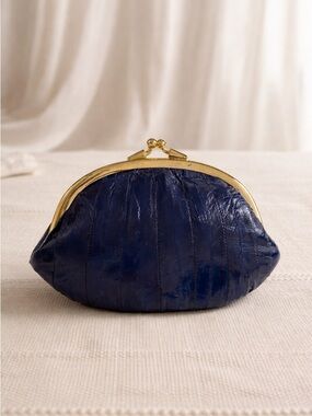 Vintage Eel Skin Coin Pouch | Glossy Navy | Kiss Lock Frame